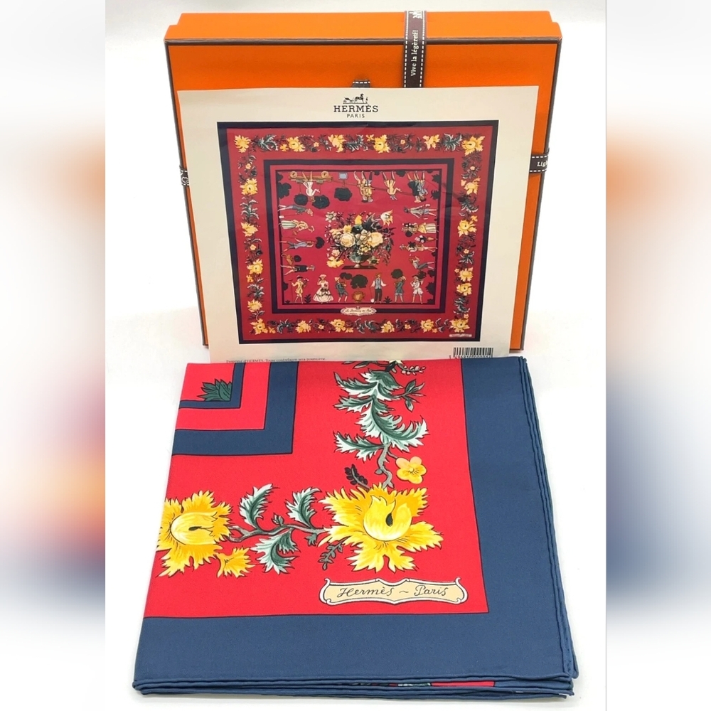 Authentic 100% Silk HERMES  Carré 90 Roy the Gardener Red & Navy Scarf w/ Box
